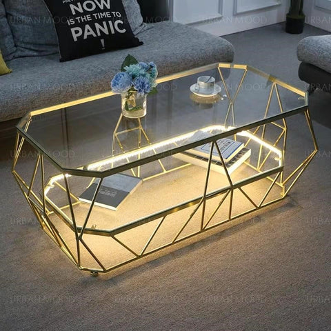 POLYGON Modern Geometric Glass Gold Coffee Table with Light